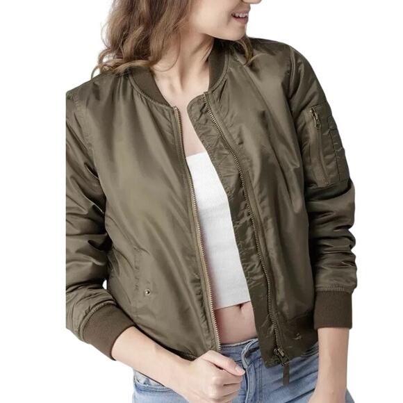 Forever 21 Satin Bomber Jacket Size Medium Olive Green Pockets Full Zip Retro - Picture 1 of 9